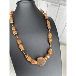 Vintage Pendant Necklace Polished Agate Stone Beach Boho Hippie Brown Orange